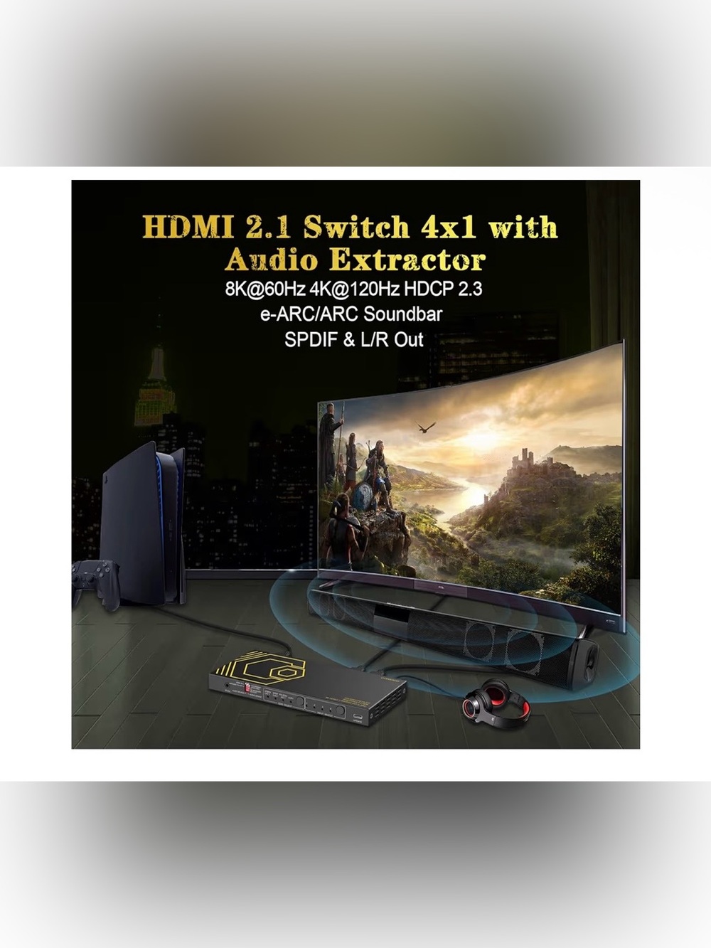 CORSAHD 8K@60Hz 4K@120Hz HDMI2.1 Switch 4 in 1 Out with Audio Extractor